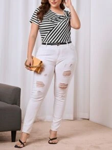 SHEIN Privé Plus Striped Print Twist Front Asymmetrical Neck Tee - Black and White - View 4