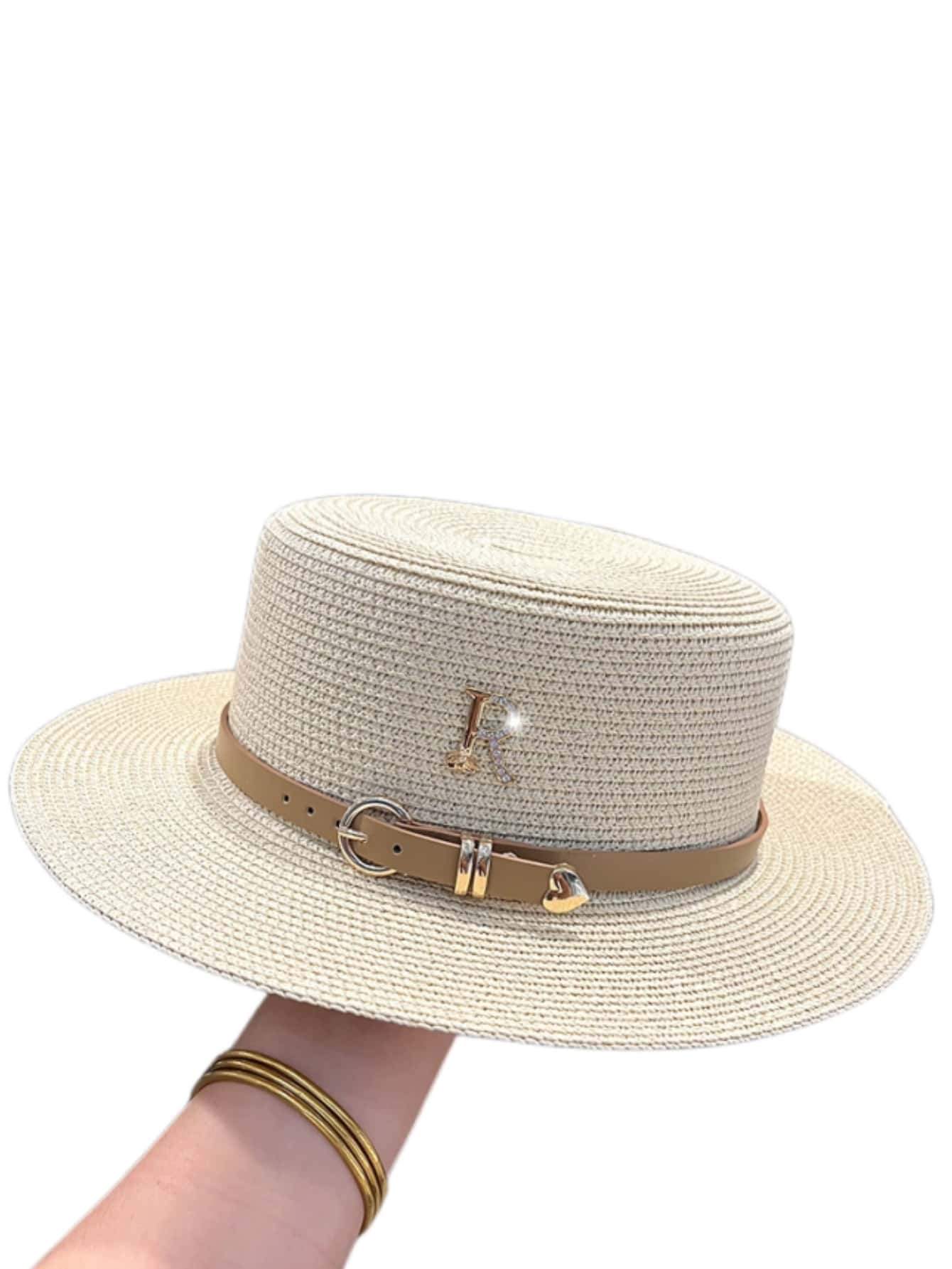 Women Rhinestone Letter & Belt Decor Sun Protection Boho Straw Hat For Summer - Beige - View 1