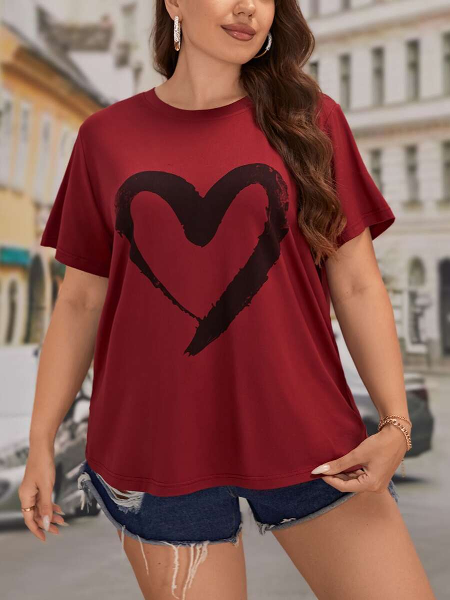 SHEIN LUNE Plus Heart Print Tee - Burgundy - View 1