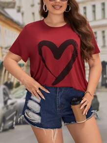 SHEIN LUNE Plus Heart Print Tee - Burgundy - View 3