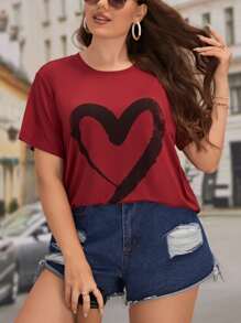 SHEIN LUNE Plus Heart Print Tee - Burgundy - View 5