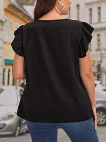 SHEIN Clasi Plus Contrast Sequin Notched Neckline Butterfly Sleeve Blouse - Black - View 2