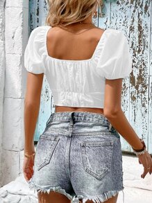SHEIN VCAY Camisa crop con abertura con nudo delantero de manga farol - Blanco - Ver 4