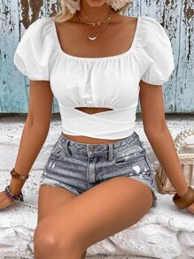 SHEIN VCAY Camisa crop con abertura con nudo delantero de manga farol - Blanco - Ver 1