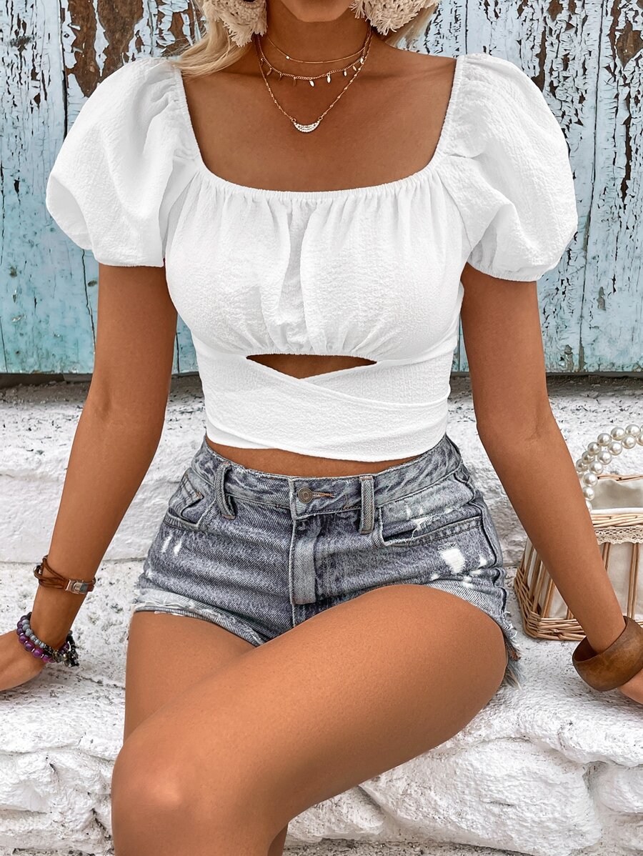 SHEIN VCAY Camisa crop con abertura con nudo delantero de manga farol - Blanco - Ver 1