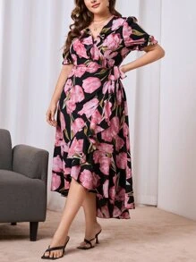 SHEIN Privé Plus Floral Print Puff Sleeve Ruffle Trim Wrap Knot Side Dress - Black - View 1