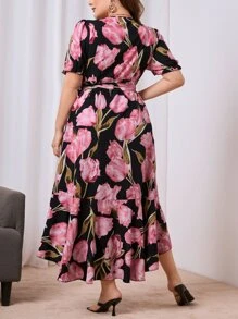 SHEIN Privé Plus Floral Print Puff Sleeve Ruffle Trim Wrap Knot Side Dress - Black - View 2