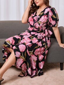 SHEIN Privé Plus Floral Print Puff Sleeve Ruffle Trim Wrap Knot Side Dress - Black - View 3