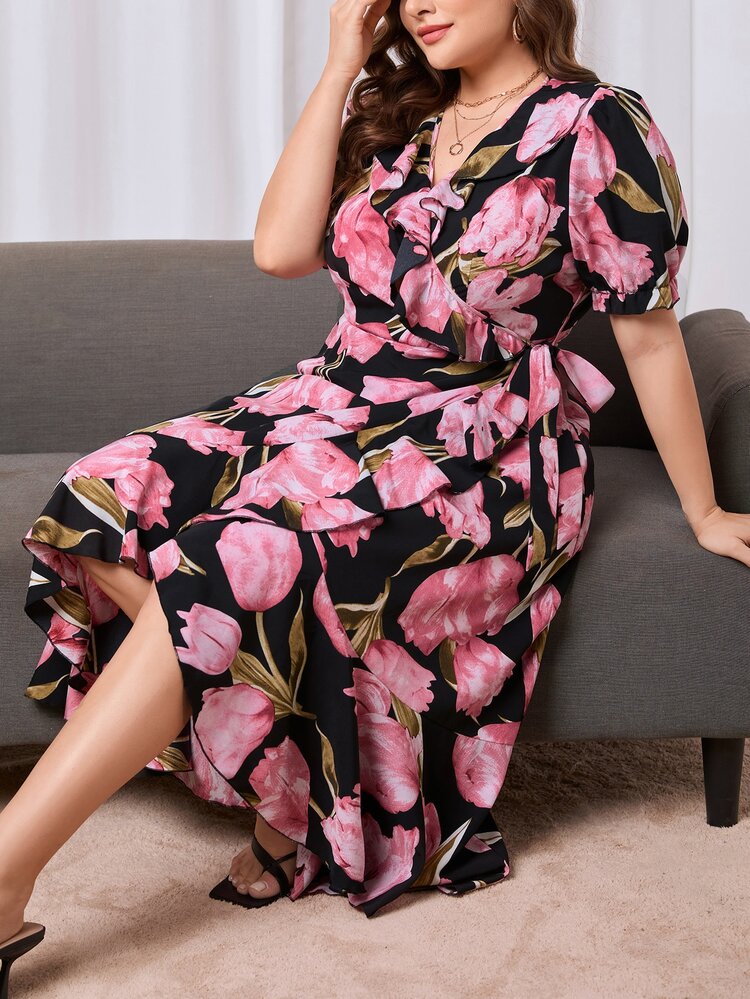 SHEIN Privé Plus Floral Print Puff Sleeve Ruffle Trim Wrap Knot Side Dress - Black - View 3