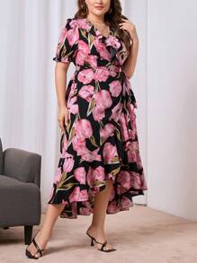 SHEIN Privé Plus Floral Print Puff Sleeve Ruffle Trim Wrap Knot Side Dress - Black - View 5