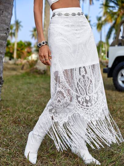 SHEIN VCAY Fringe Hem Lace Overlay Skirt Without Belt