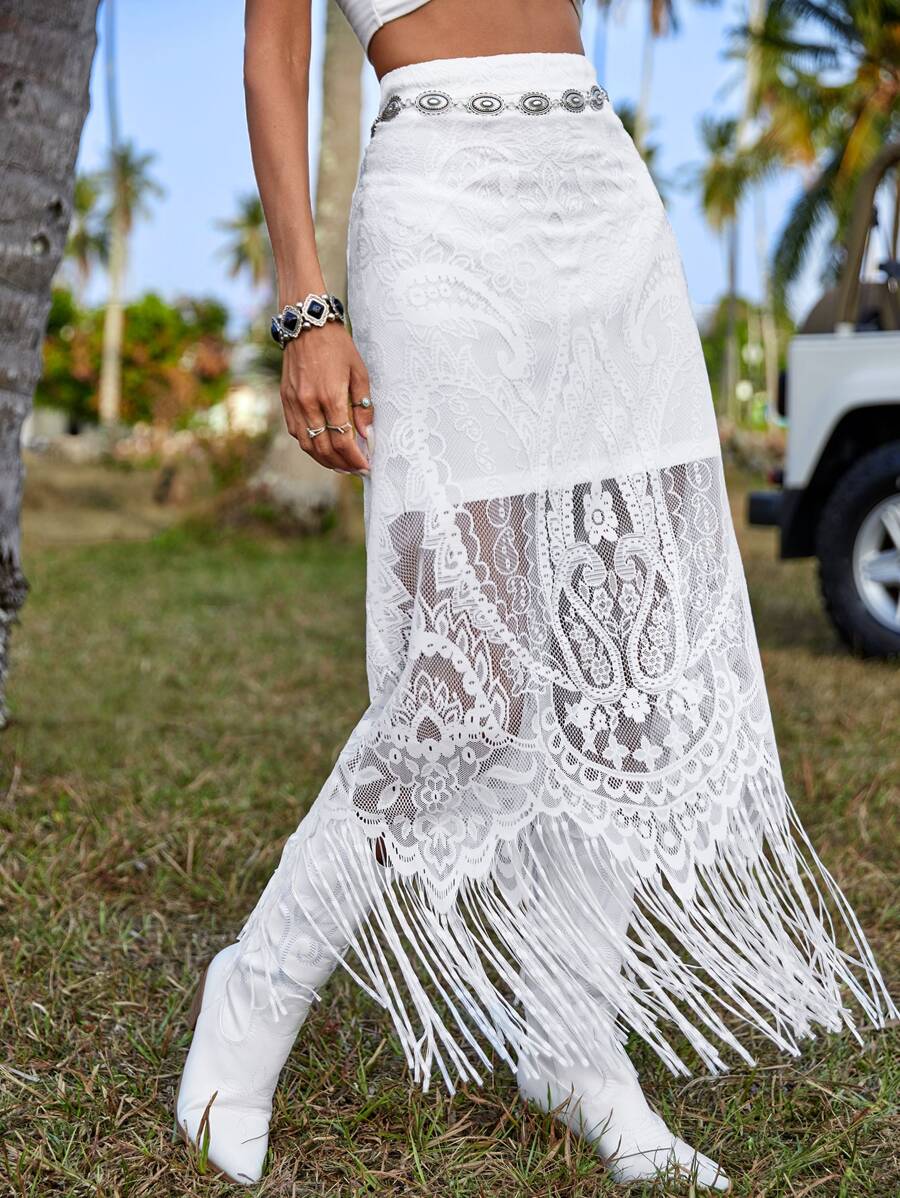 SHEIN VCAY Fringe Hem Lace Overlay Skirt Without Belt