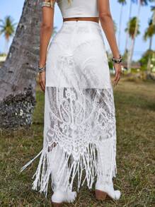 SHEIN VCAY Fringe Hem Lace Overlay Skirt Without Belt