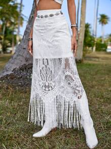 SHEIN VCAY Fringe Hem Lace Overlay Skirt Without Belt