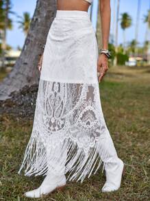 SHEIN VCAY Fringe Hem Lace Overlay Skirt Without Belt