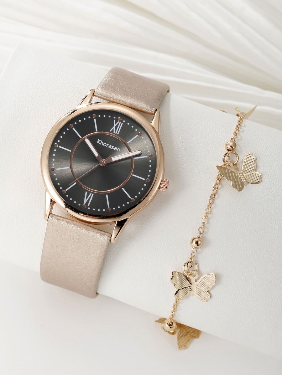 khorasan 1入組女式PU聚氨酯錶帶時尚圓形錶盤石英手錶和1入組蝴蝶裝飾鏈手鍊用於日常裝飾 - 金色 - 查看 1