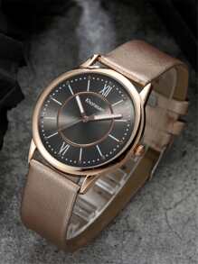 khorasan 1入組女式PU聚氨酯錶帶時尚圓形錶盤石英手錶和1入組蝴蝶裝飾鏈手鍊用於日常裝飾 - 金色 - 查看 2