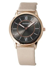 khorasan 1入組女式PU聚氨酯錶帶時尚圓形錶盤石英手錶和1入組蝴蝶裝飾鏈手鍊用於日常裝飾 - 金色 - 查看 3