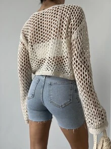 EURMUSE Hollow Out Drop Shoulder Cover Up Without Bikini, For Summer Beach Vacation - White - View 2