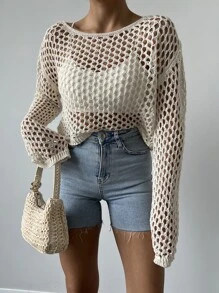 EURMUSE Hollow Out Drop Shoulder Cover Up Without Bikini, For Summer Beach Vacation - White - View 3