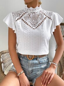 SHEIN Frenchy Áo sơ mi nữ Nút Tương phản ren Xù màu trơn Thanh lịch - trắng - Xem 1