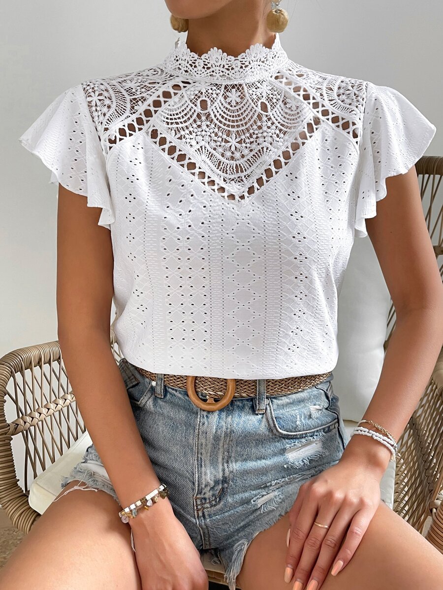 SHEIN Frenchy Áo sơ mi nữ Nút Tương phản ren Xù màu trơn Thanh lịch - trắng - Xem 1