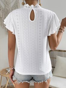 SHEIN Frenchy Áo sơ mi nữ Nút Tương phản ren Xù màu trơn Thanh lịch - trắng - Xem 2