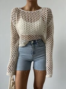 EURMUSE Hollow Out Drop Shoulder Cover Up Without Bikini, For Summer Beach Vacation - White - View 4