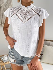 SHEIN Frenchy Áo sơ mi nữ Nút Tương phản ren Xù màu trơn Thanh lịch - trắng - Xem 3