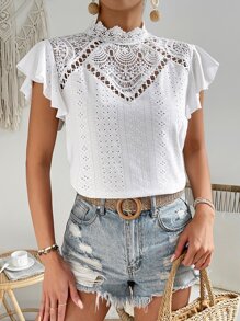 SHEIN Frenchy Áo sơ mi nữ Nút Tương phản ren Xù màu trơn Thanh lịch - trắng - Xem 4