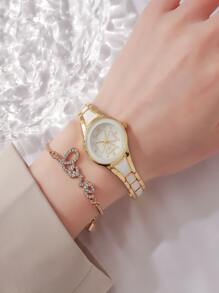 1 Miếng Trắng Hợp kim kẽm Dây đeo Duyên dáng Trang trí Hoa Tròn Quay số đồng hồ Quartz & 1 Miếng Đồ trang trí Rhinestone Vòng tay , Để Trang Trí Hàng Ngày - Vàng - Xem 1