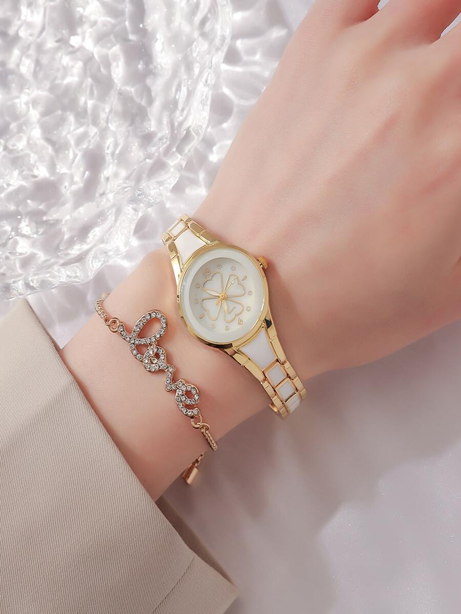 1 Miếng Trắng Hợp kim kẽm Dây đeo Duyên dáng Trang trí Hoa Tròn Quay số đồng hồ Quartz & 1 Miếng Đồ trang trí Rhinestone Vòng tay , Để Trang Trí Hàng Ngày - Vàng - Xem 1
