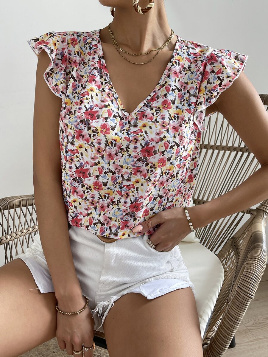 SHEIN Frenchy Cap Sleeve Shirt With Ditsy Floral Print - Multicolor - View 1