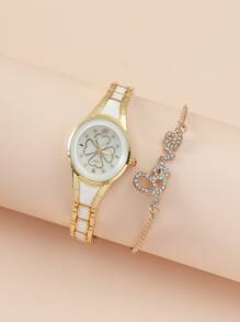 1 Miếng Trắng Hợp kim kẽm Dây đeo Duyên dáng Trang trí Hoa Tròn Quay số đồng hồ Quartz & 1 Miếng Đồ trang trí Rhinestone Vòng tay , Để Trang Trí Hàng Ngày - Vàng - Xem 2
