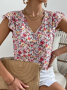 SHEIN Frenchy Cap Sleeve Shirt With Ditsy Floral Print - Multicolor - View 6