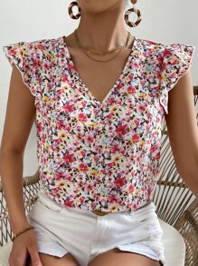 SHEIN Frenchy Cap Sleeve Shirt With Ditsy Floral Print - Multicolor - View 7