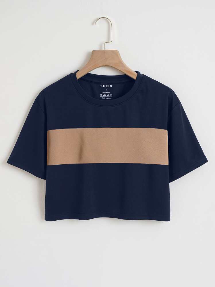 INAWLY Colorblock Crop Tee Graphic Tees Women Tops - Navy Blue - View 1