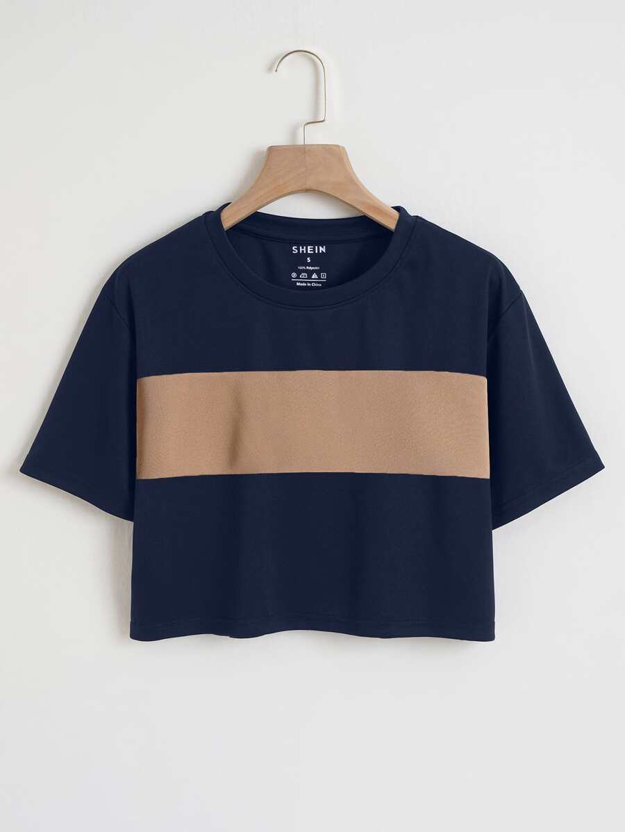 INAWLY Colourblock Crop Tee - Navy Blue - View 1