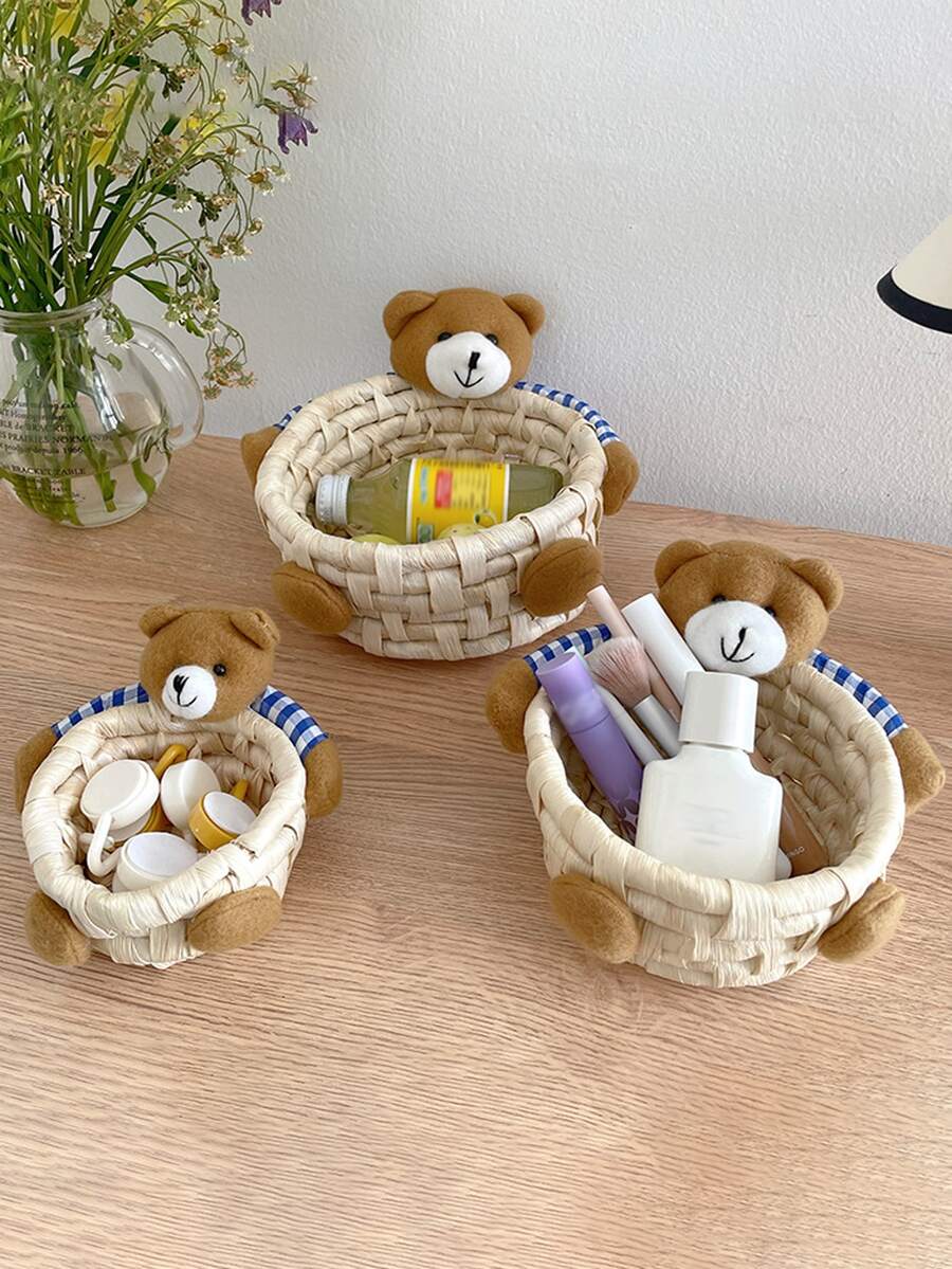 1pc Bear Decor Storage Basket, Cute Desktop Storage Basket For Home - Brown - View 1