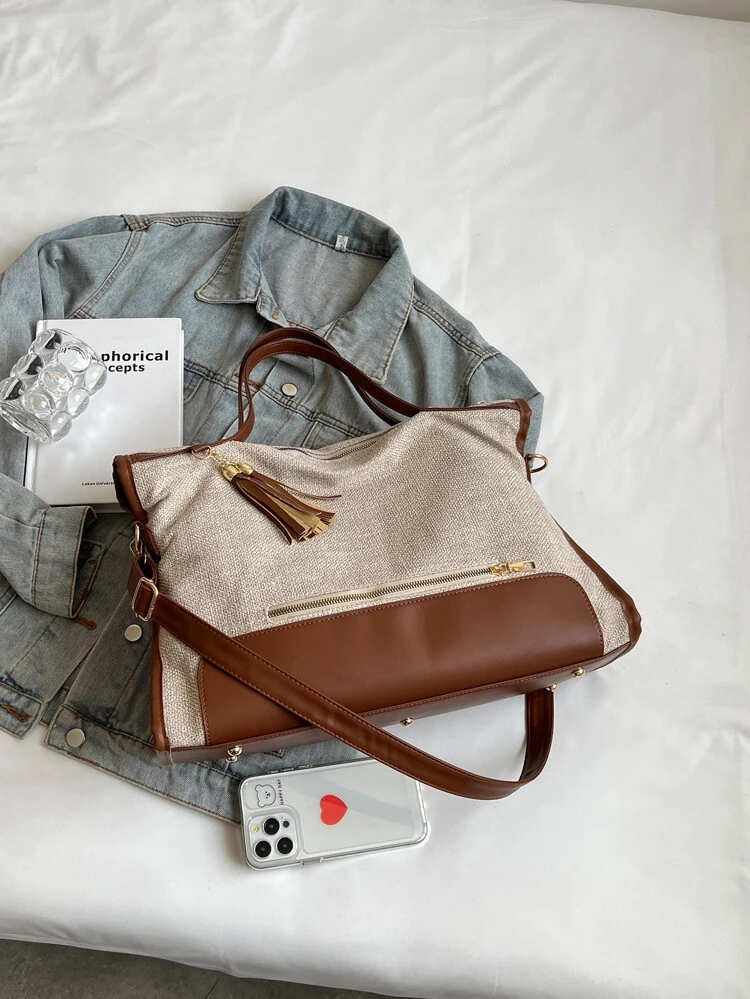 Large Shoulder Tote Bag Zip Front Tassel Decor School Bag For Graduate, Teen Girls, Freshman, Sophomore, Junior & Senior In College, University & High School, Perfect For Outdoors ,Travel & Back To School, Literary School Bag & Bookbag For Women Or Students, Perfect For Books, Shopping, Back To School And More, Tote Bags For Women, College Essentials