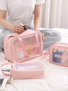 1 件 PVC 化妆收纳袋，每日字母图案防水化妆收纳盒，适用于家庭、假日海滩、浴室收纳、卧室收纳，大容量 - 粉色 - 查看 1