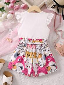 SHEIN Toddler Girls Cartoon Graphic Ruffle Trim Tee & Belted Shorts
