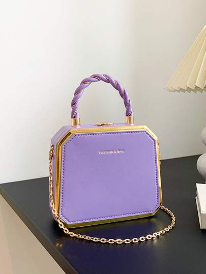 迷你盒型包素色紫色字母壓紋細節鏈條帶