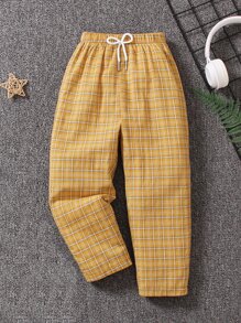 Toddler Boys Plaid Print Drawstring Waist Trousers - Yellow - View 1