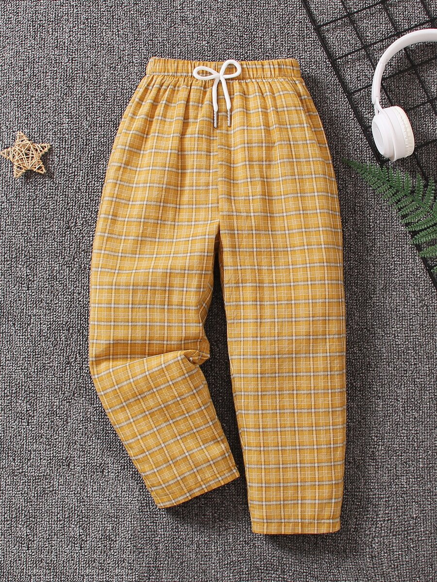 Toddler Boys Plaid Print Drawstring Waist Trousers - Yellow - View 1