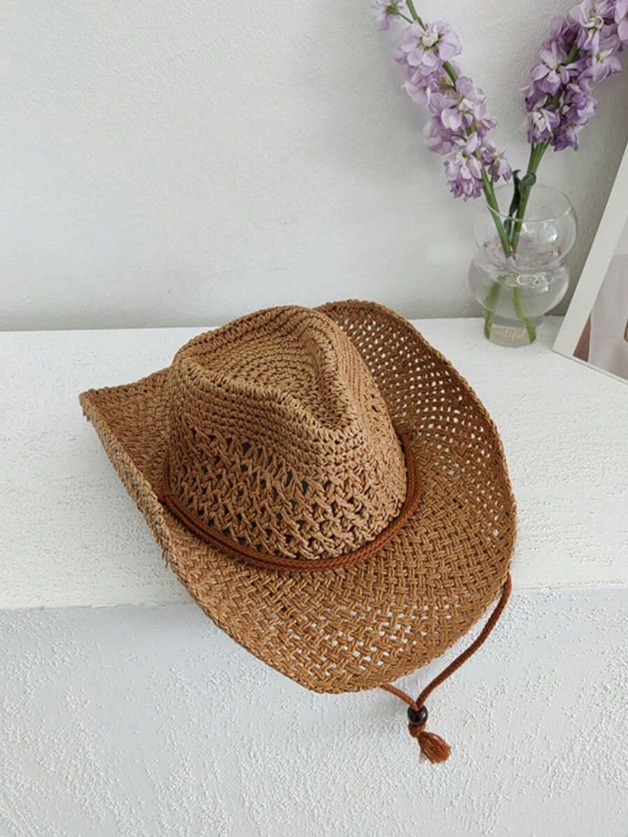 Hombres 1 pieza Sombrero de paja con diseño de cuerda ajustable vaquero para vacación - Camel - Ver 1