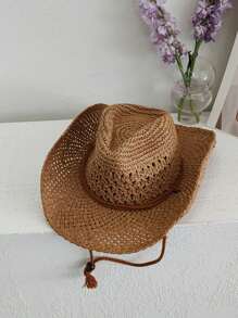 Hombres 1 pieza Sombrero de paja con diseño de cuerda ajustable vaquero para vacación - Camel - Ver 2