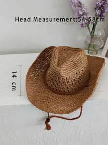 Hombres 1 pieza Sombrero de paja con diseño de cuerda ajustable vaquero para vacación - Camel - Ver 5