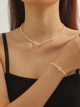 2pcs/set Bohemian Starfish Decor Beaded Jewelry Set For Women For Daily Decoration