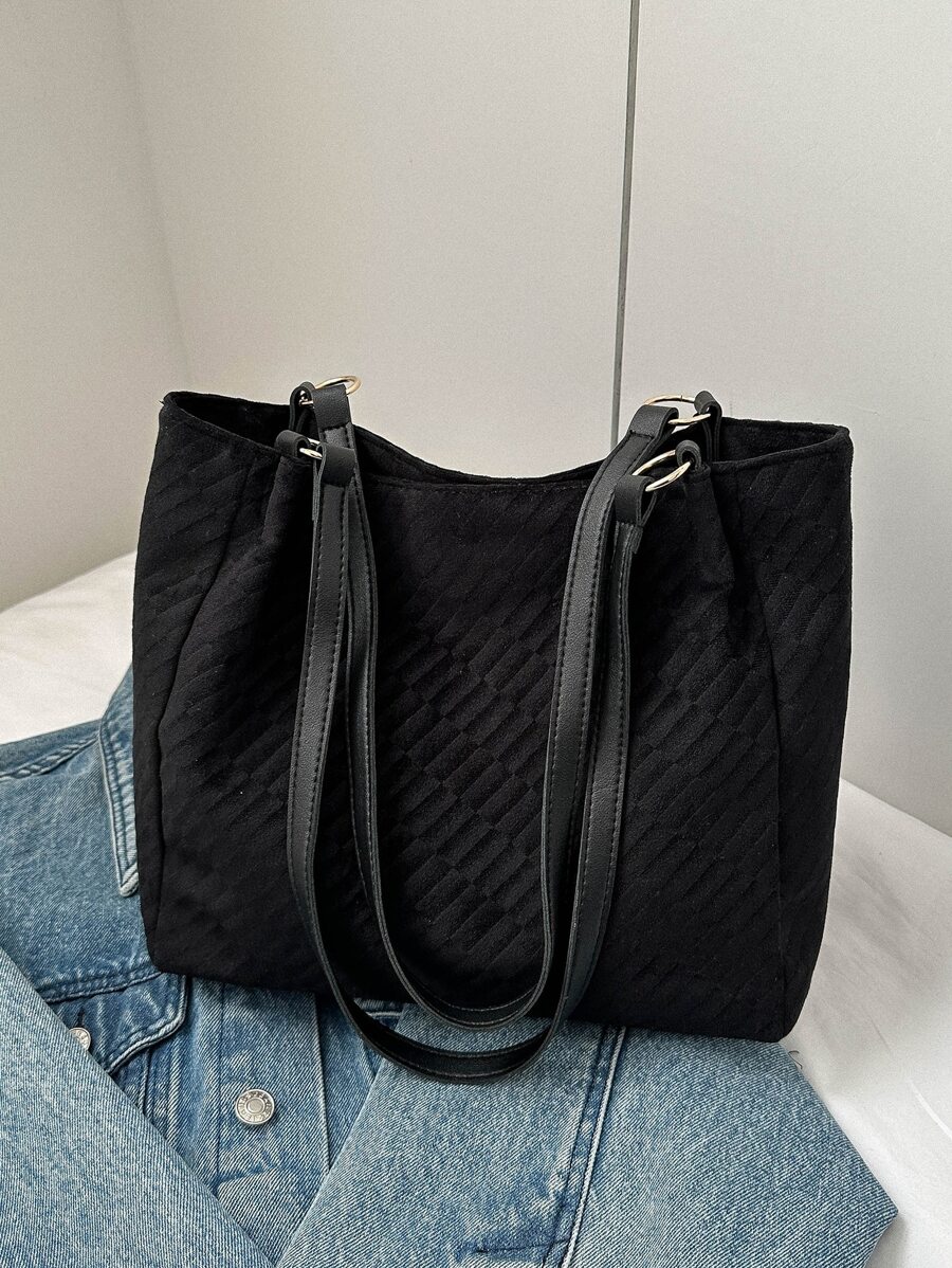 Bolso de hombro medio con textura doble asa - Negro - Ver 1